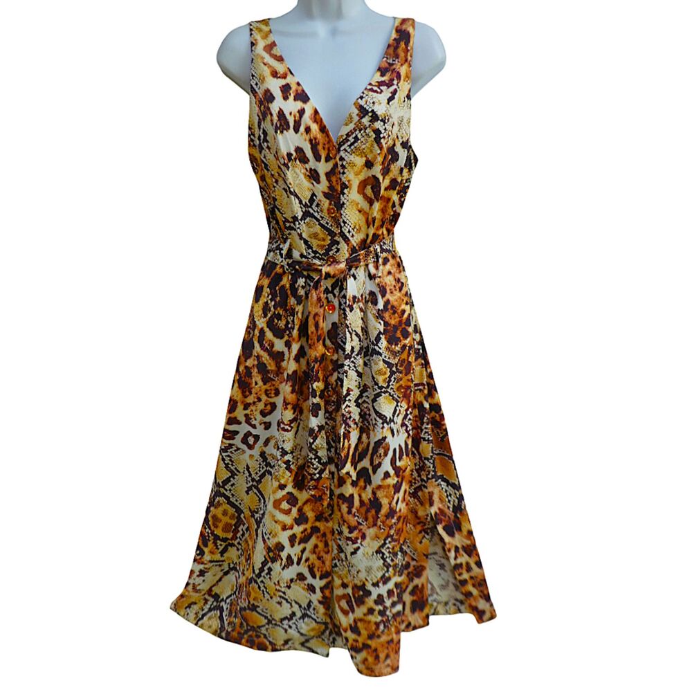 Karen Millen Mixed Animal & Snake Print Belted Linen Midi Dress Button Front 8